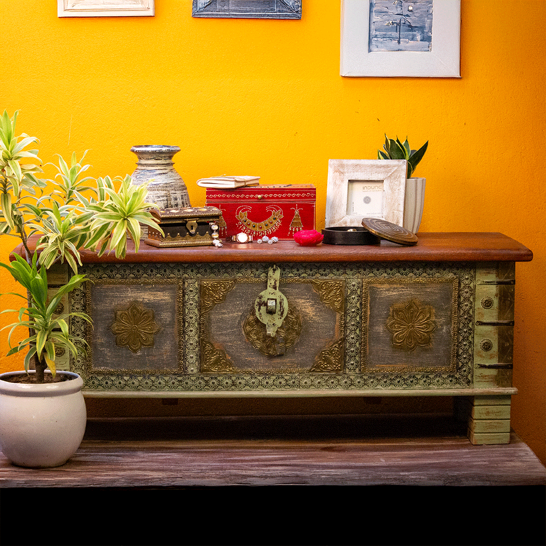 Treasure Box / Pitara Green Rustic Finish Brass Art